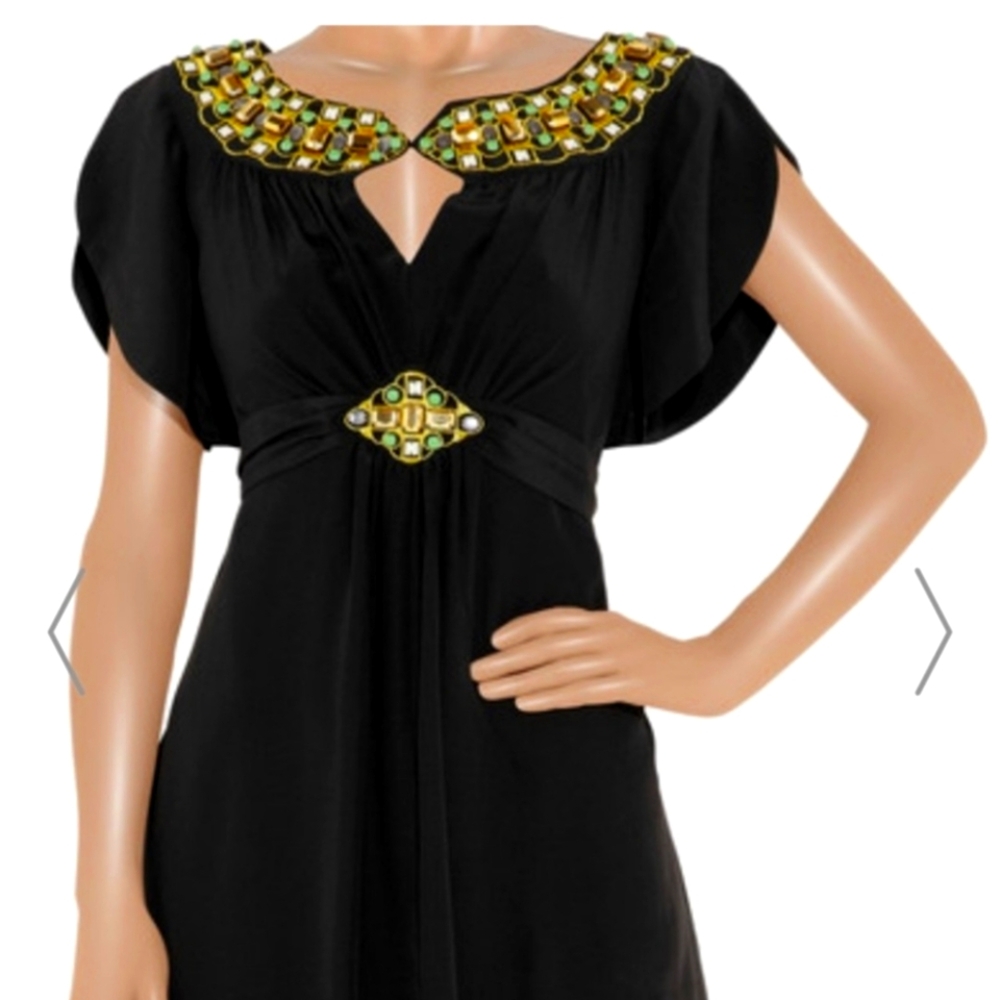 ALICE by Temperley Black Mini Dress with Gold and Green Jeweled Trim